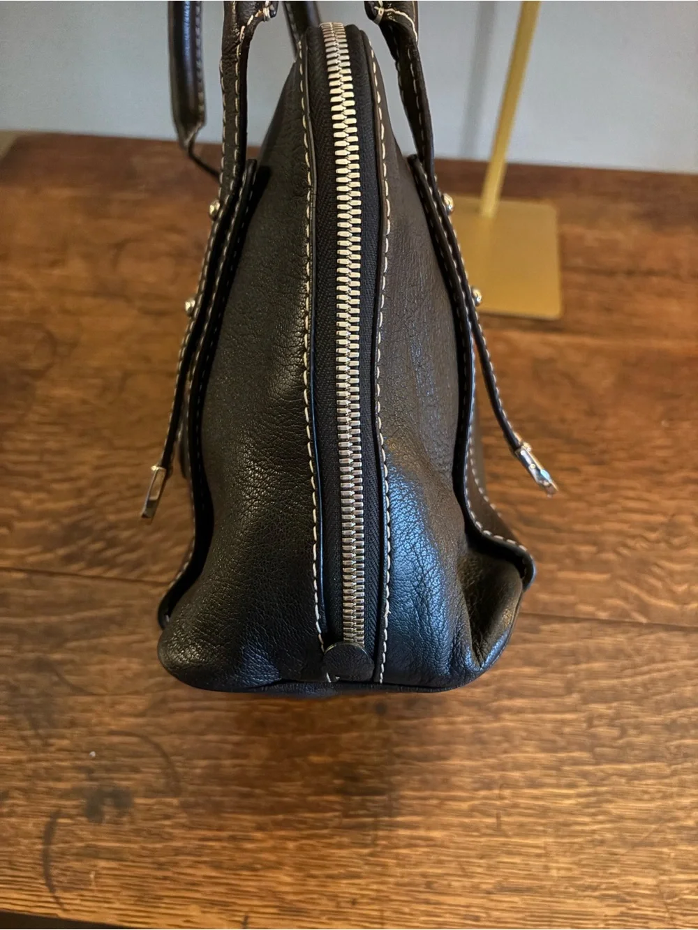Bally Vintage Black Leather Lorri Satchel Bag Crest Medallion Contrast Stitch